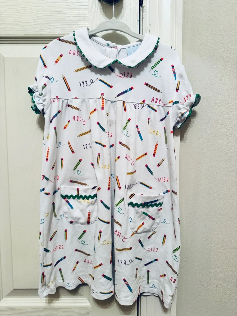 Bella Bliss Back to School Kids White School Crayon Print Dress with Green Trim